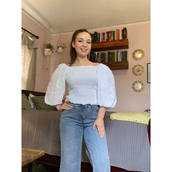 Anthropologie Maeve Cropped Puff Sleeve Blouse Womens XS White Coquette Boho‎ - Picture 1 of 9